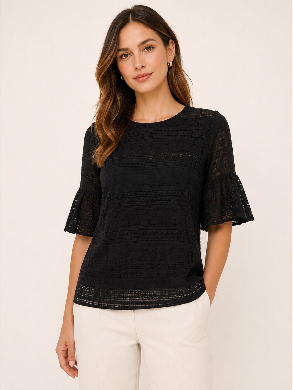 Ann Taylor Black Lace Bell Sleeve Blouse Size Large Textured Keyhole Back Top